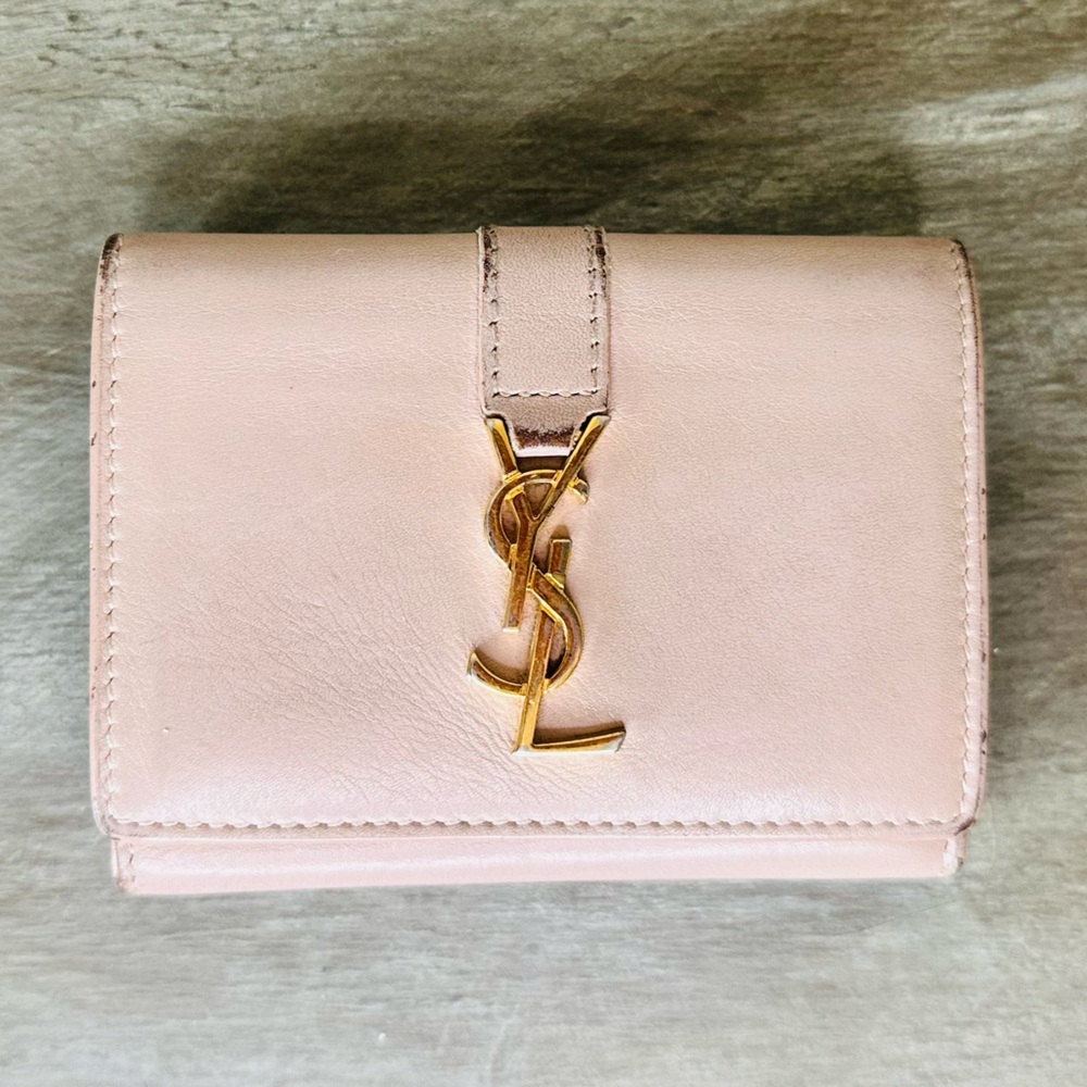 Authentic YSL Yves Saint Laurent Cassandra Leather Trifold Beige Compact Wallet